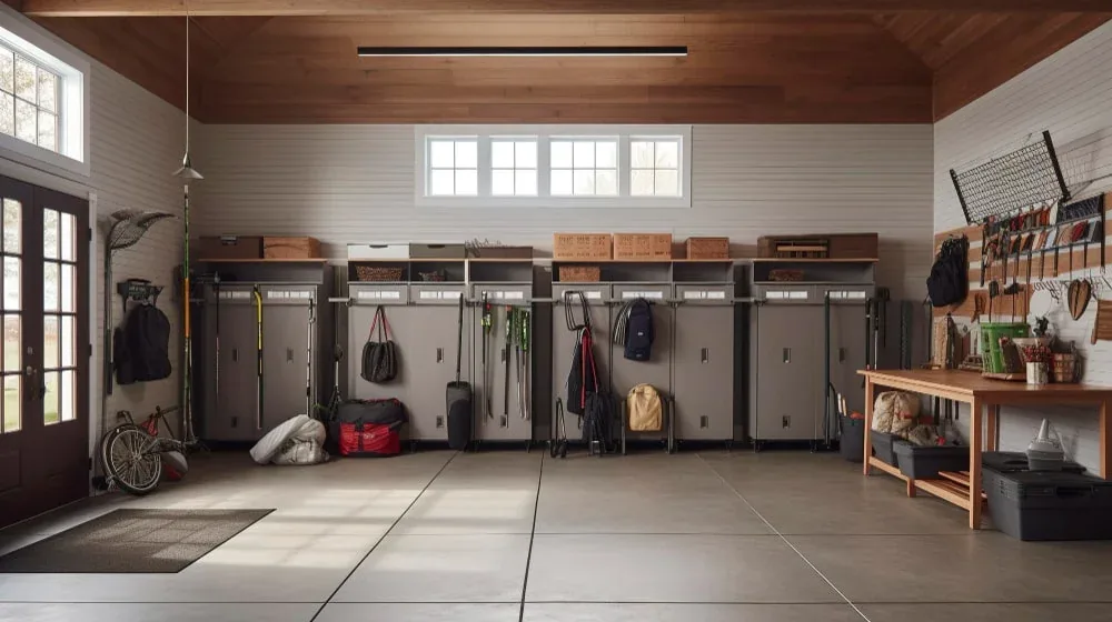 Converted garage interior in San Diego fitted with gray storage lockers, a wooden workbench and a panelled ceiling