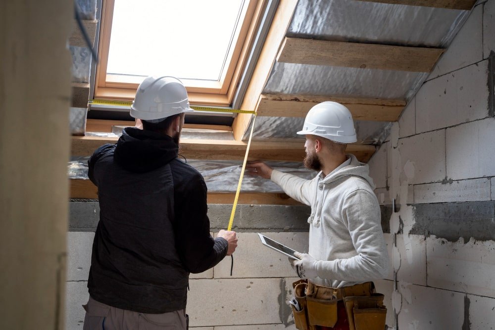 Two construction workers in hard hats measuring around a skylight in an unfinished attic. home remodeling