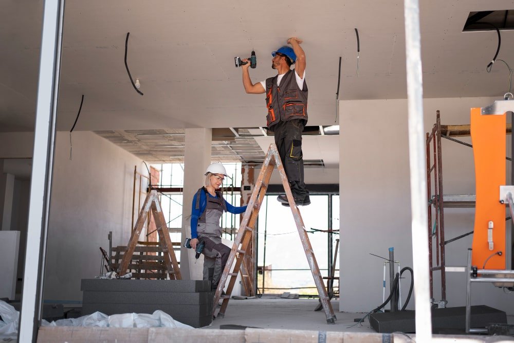 Two construction workers installing a ceiling in an unfinished interior; one stands on a ladder using a drill while the other steadies the ladder. home remodeling